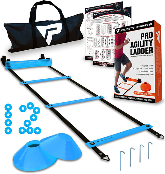 Pro Agility Ladder and Cone Training Set - 15 Ft Fixed-Rung Ladder with 12 Cones for Speed and Agility Development in Soccer, Football, and Sports Training - Includes Durable Carry Bag