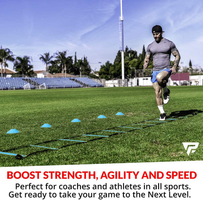 Pro Agility Ladder and Cone Training Set - 15 Ft Fixed-Rung Ladder with 12 Cones for Speed and Agility Development in Soccer, Football, and Sports Training - Includes Durable Carry Bag